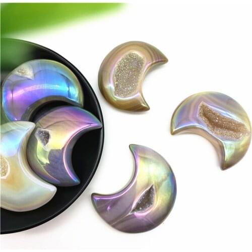 Beautiful Aura Naural Agate Moon Carved Crystal Geode Quartz Healing Crystals Decor Reiki Gift Natural Stones and Crystals