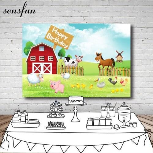Sensfun Farm Birthday Backdrop For Kids Farmhouse Pig Sheep Duck Cow Backgrounds For Photo Studio 7x5FT Vinyl