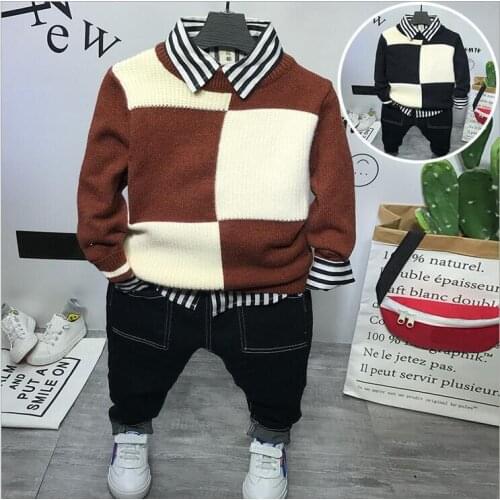Stylish Infant Toddler Baby Kids Boys Outfits Boys Knit sweater + shirt + jeans 3pcs Outfit Set boys Clothes 2-6years boys set