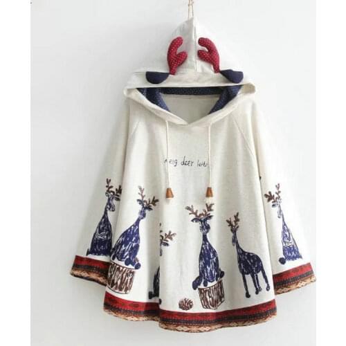 2020 Autumn Women Sweet Style Moose Horn Hooded Loose Cotton Cape Pullovers With Horns Print Sweatshirts Girls Teens Hoodies