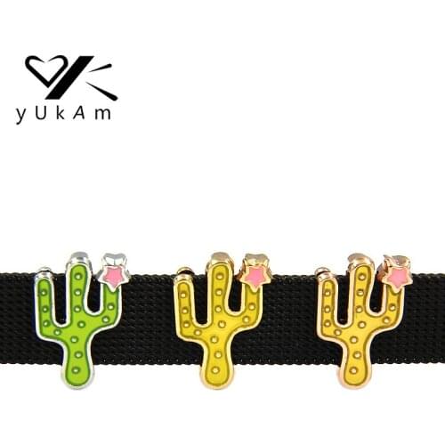 YUKAM Jewelry Enamel Prickly Pear Cactus Plants Cacti Succulent Plants Slide Charms Keeper for Leather Wrap Mesh Keeper Bracelet