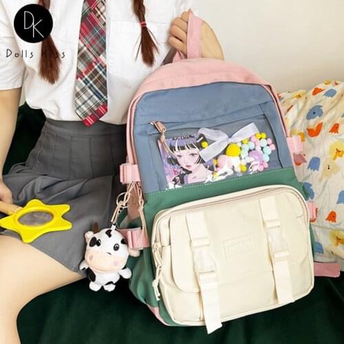 Ladies Fresh Hit Color Ita Bag Women Large Capacity Nylon Student School Bag Kawaii Transparent PVC Pocket Backpack for Girls