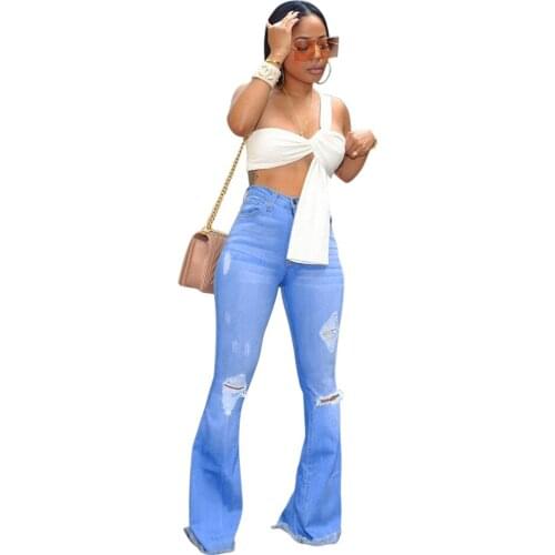 2019 Wash Bleaching Bell Bottom High Waist Female Denim Ripped Jeans For Women Fat Mom Jeans Flare Skinny Jeans Woman Large Size