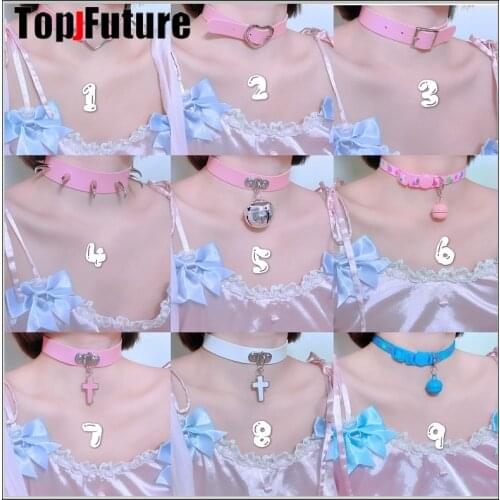 Harajuku Gothic lolita women girl JK sweet lolita cosplay PINK lovely bell Choker short necklace cross heart maid choker