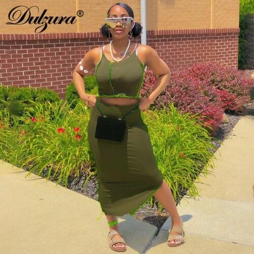 Dulzura patchwork women two piece set crop top camis midi skirt slit bodycon sexy streetwear 2020 autumn winter matching casual