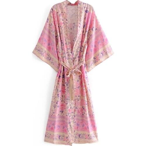 Femme Japan Style Womens Kimono Dress Autumn Lacing Up New Pink Midi Dress Floral Print Vintage Long Vestidos Mujer Chic Robes