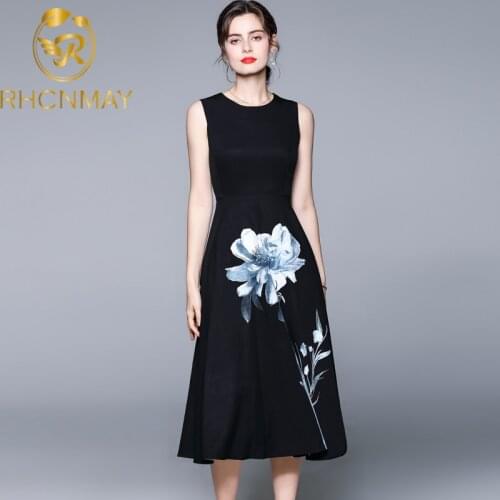 2021 Designer Runway Summer Dress Women O-neck Fashion Sleeveless High waist Floral print Black Elegant Midi Dress