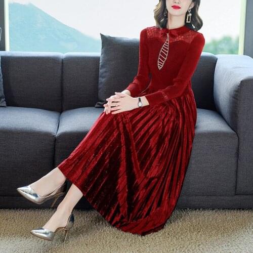 Autumn And Winter Dress For Lady 2020 Hepburn Style Temperament Slimming Pleated Velvet Dress Long Sleeve Elegant Vestidos y995