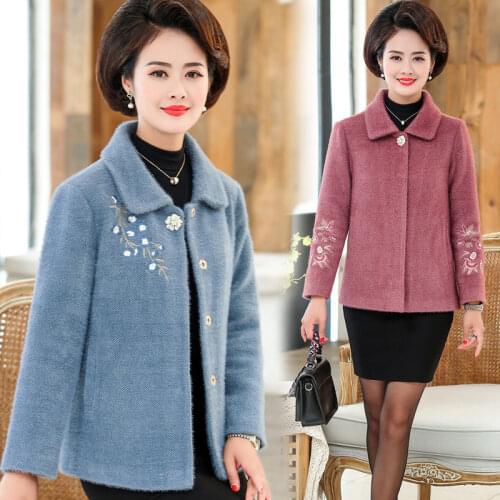 Women Faux Mink Woolen Coat 2020 New Middle-aged Mother Embroidered Thicken Winter Jacket Female Fashion Wool Overcoat 5XLA488