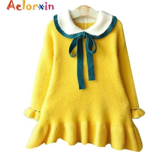 3-7 Years Winter Girls Vestidos Girls' Wool Dress Artificial Mink Cashmere Knitting Dress Baby Girl Dress Winter Dress