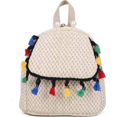 6PCS / LOT Straw Knitting Backpack Mini Bag Summer Fashion Woven Shoulder Bag Tassel Women Girls Backpack Mochilas