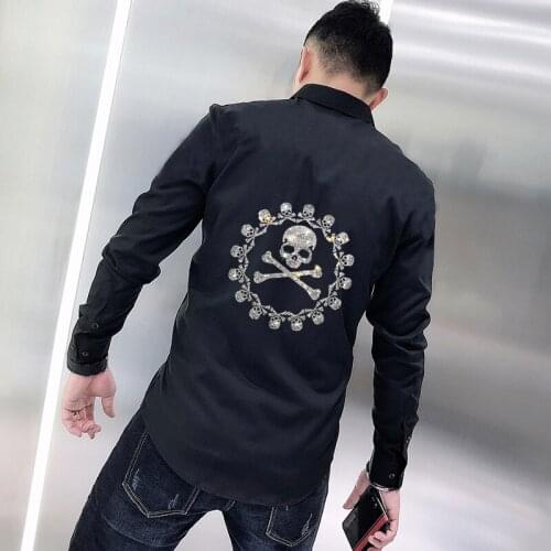 Black And White Solid Color Hot Diamond Skull Style Spring Mens T-Shirt Office Workwear Business Long-Sleeved Trend Button
