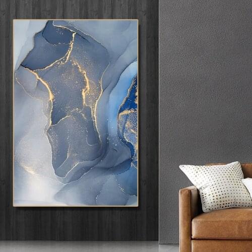 Canvas Painting Blue Gold and Gray Wall Decorations Living Room Abstract Posters Creativity Light luxury HD Bedside picture