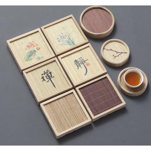 Chinese Style Teapot Cup Cushion Bamboo Mat Coaster Wooden Retro Cup Mat Natural Insulation Pad Jewelry Ring Display Decorative