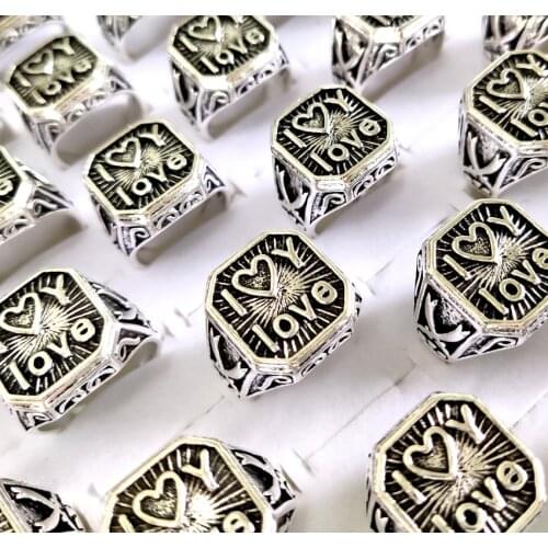 20pcs/lot Carved Silver Retro Men Love Ring Punk Style Etched I Love Heart You Man Cool Rings Gift Wholesale Fashion Jewelry