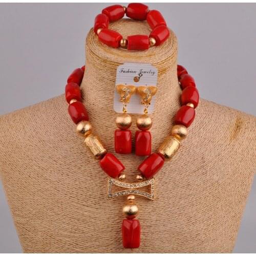 Red Coral Jewelry Nigerian Beads Jewelry Set African Coral Necklace Bridal Jewelry Sets Bride Set 2-02A5