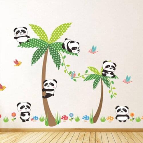 Cartoon Lovely Panda Coconut Tree Mushroom Grass Bird Wall Sticker Kids Children Room Nursery Childrens Park Wallpaper Poster