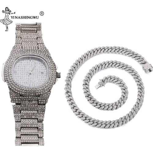 19MM Hip Hop Miami Cuban Mens Necklace+Watch Set Gold Silver Color Iced Out Paved Rhinestones Men Wristwatches Jewelry New 2020