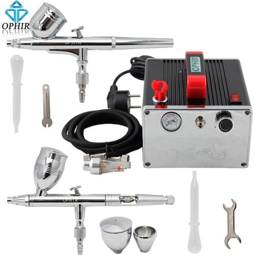 OPHIR 0.3mm 0.5mm Airbrush Kit with Air Compressor Dual Action Gravity Paint Gun for Hobby Model Paint 110V,220V_AC091+004A+006