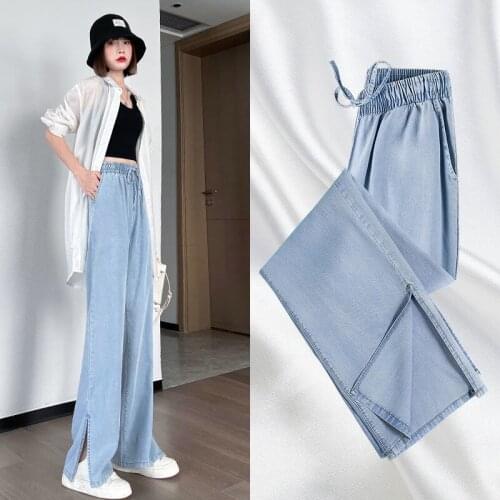 New Split Pants Tencel Jeans Womens Summer Thin High Waist Straight Tube Loose Thin Ice Wide Legs Sport Loose Jeans