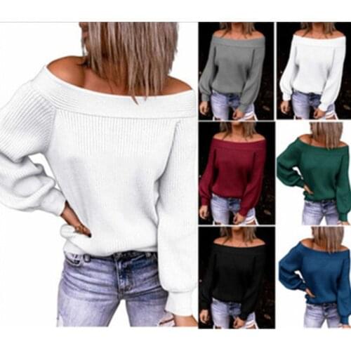 2021 Autumn Off Shoulder Sweater Women Jumper One Word Collar Sweater Ladies Temperament Commute Loose Knitted Sweater Pullover