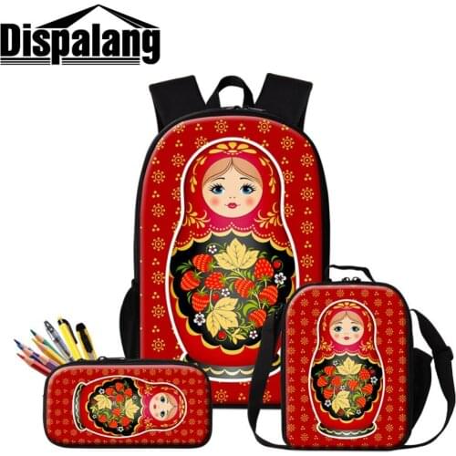Dropshipping No Min Order Russian Doll Prints on Schoolbag Girls Cute Backpacks Messenger Lunch Box Zipper Pencil Case Mochilas