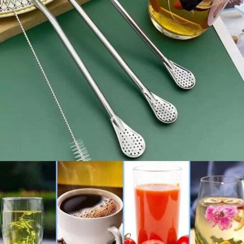 Silver Straw Spoon Stainless Steel Drinking Tea Filter Yerba Mate Tea Straws Bombilla Gourd Tea Tools Kitchen Bar Accessories