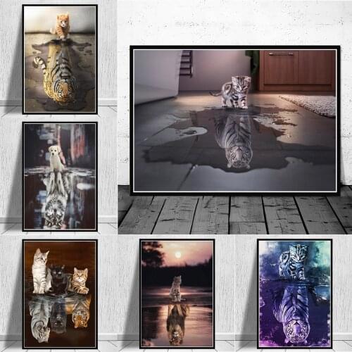 Modern Decor Tiger and Cat Oppositions Dream Posters And Prints Walll Art Animal Canvas Painting Decoration For Living Room