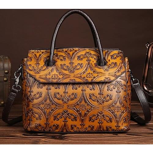 Genuine Leather First Layer Cowhide Women Handbag Embossing Pattern Design Shoulder Messenger Bag Famous Brand Ladies Tote Bags