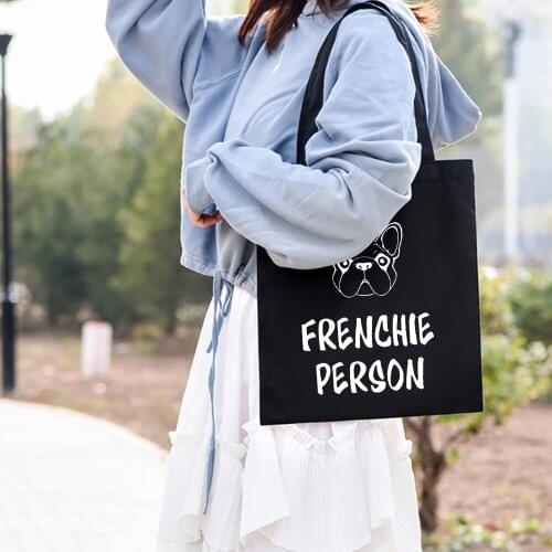 Frenchie Black Printing Canvas Shoulder Bag Women Eco Handbag Tote Reusable Travel Grocery Shopper Bags Cute Dogs Girl Books Bag