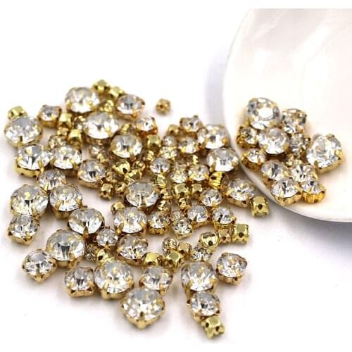 Wedding decoration 100pcs/pack Mixed size clear white glass crystal beads gold base sew on rhinestones diy apparel accessories