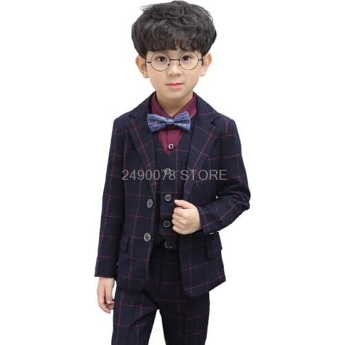Flower Boys Plaid Wedding Suit Kids Jacket Vest Pants Bowtie 4Pcs Party Dress Children Piano Show Performance Party Costume