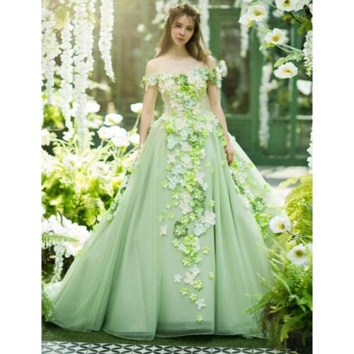 Princess Mint Green 3D Flower Formal Women Dresses 2021 Off The Shoulder A-line Long Prom Gowns Party Dress