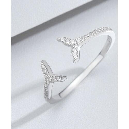 High Quality Romantic Cute Style Pave Cubic Zircon Stones Mermaid Tail Open Rings 925 Sterling Silver Aniaml Fish Tail Girl Ring