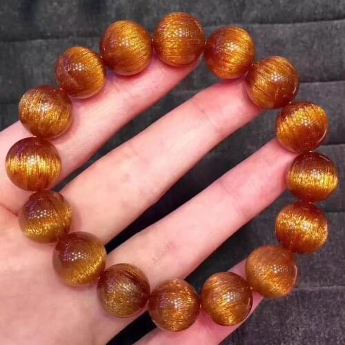 Top Quality Natural Copper Rutilated Quartz Crystal Cat Eye Gemstone 13.5mm Round Beads Bracelet Certificate 7 Inches AAAAAAA