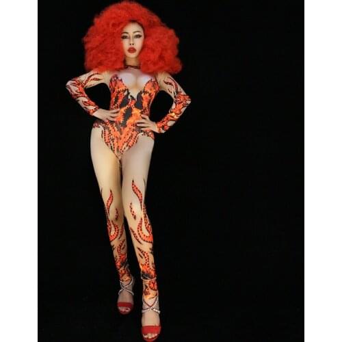 X78 Red flame female diamonds bodysuit party stage costumes singer pole dance dress disco rhinestone jumpsuit peerform clothing