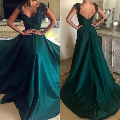 Cinderella Green V-Neck Sleevelss Zipper Back A-Line Lace Applique Crystal Satin Prom Dresses Court Train Lace Party Prom Gowns