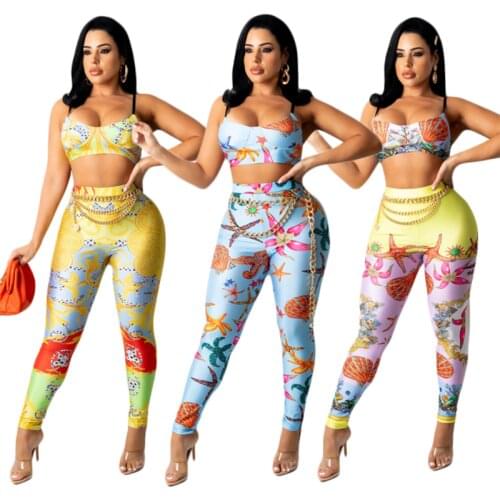 RStylish 2021 Summer Fashion Vintage Print Spaghetti Strap Crop Top Leggings Women Streetwear 2 Piece Pants Set