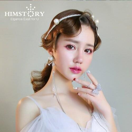 HIMSTORY Fashion Elegance Pearl Long Chain Hairband Earring Woman Wedding Hair Jewelry Hair Accessorie for Party Festival New