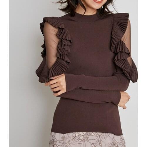Mesh Patchwork Flying Sleeve Chic Knitted Pullovers Women Off-the Shoulder Ruffles Elegant Tops Fall Mock Neck Slim Jumpers