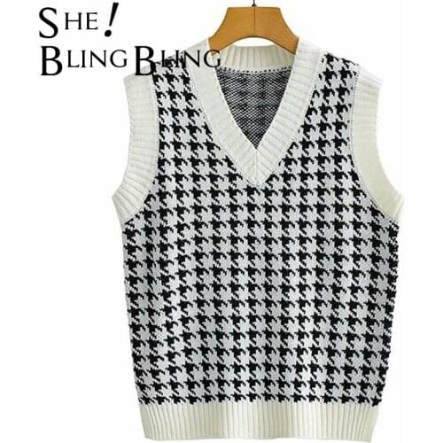SheBlingBling Za Woman 2021 Traf Vest Autumn Winter Sleeveless Houndstooth Knit Jumpers V Contrast Trims Loose Sweaters Gilets