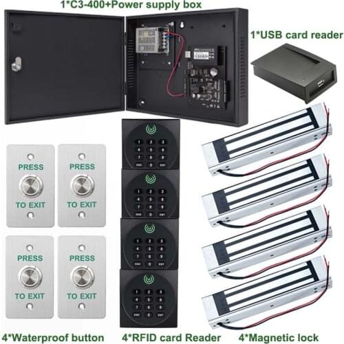 ZK C3-400 TCP/IP Access Control Board Panel Door Access Control System+Power Supply Box RFID Reader Exit Button Magneic Lock