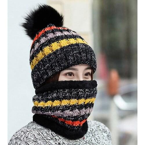 2pcs Balaclava Winter Hat BeaniesWomen Hat Scarf Warm Breathable Wool Knitted Hat Stripe Pompom Female Putdoor Windproof Bonnet