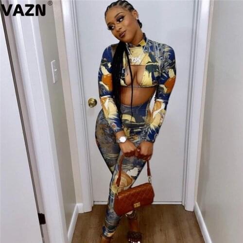VAZN 2021 Top Quality Hollow out Sexy Club Young Open Retro Turtleneck Full Sleeve Women High Waist Skinny Pencil Jumpsuits