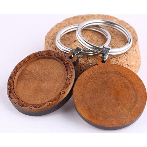 Onwear 3pcs Fit 25mm round cabochon wood keychain settings diy blank wooden key chain base trays metal stainless steel keyring