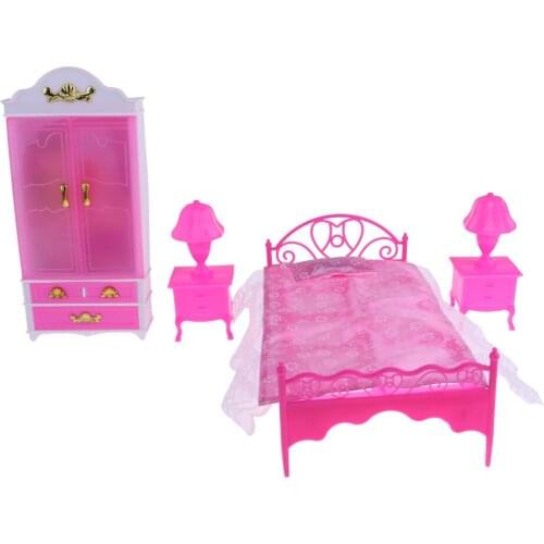 6Pcs Dolls House Mini Bed w. Sheet Pillow Cabinet Wardrobe Table Lamp Model for Doll Accessories Gifts