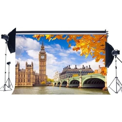 Photography Backdrop Big Ben London Thames River European Architecture Blue Sky White Cloud Golden Background