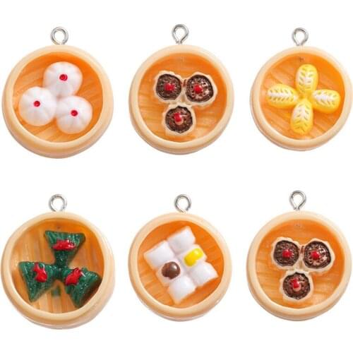 Julie Wang 5PCS Resin Chinese Snacks Charms Mixed Baozi Shaomai Mantou Zongzi Dumpling Artificial Food Jewelry Making Accessory
