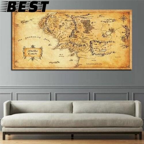 Movie Map Of Middle Earth Canvas Painting Posters and Prints Vintage Style Wall Art Pictures for Living Room Cuadros Unframed