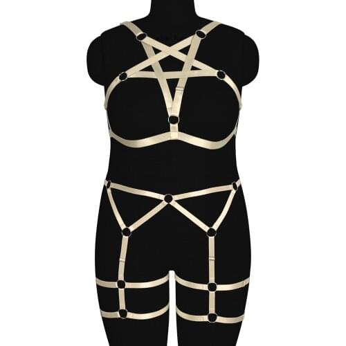 Pentagram 2 Pc Sexy Lingerie Set Harness Women Cage Hollow Bra Plus Size Exotic Apparel Dress Dance Clothing Punk Goth Garters